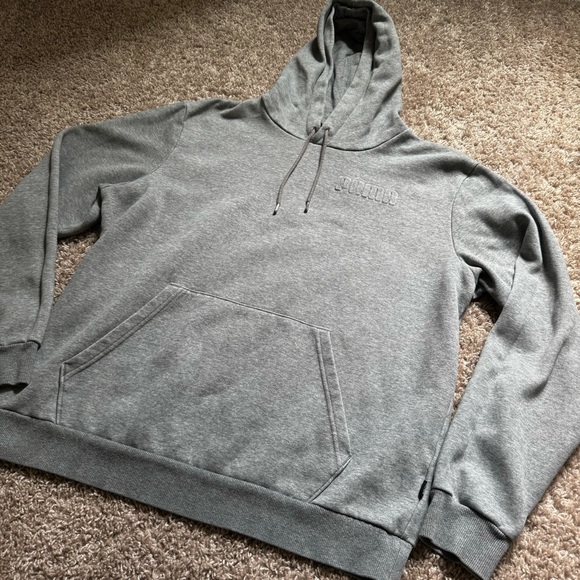 Puma Pullover Hoodie Men's Size L Gray Fleece Logo Sweatshirt Kangaroo Pockets - Picture 2 of 10